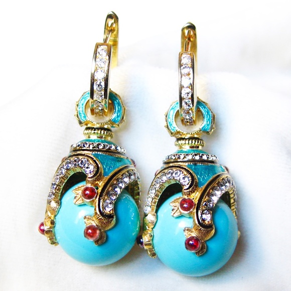 TURQUOISE STERLING SILVER Faberge Victorian Egg Pendant Swarovski Crystal Garnet - Picture 4 of 4